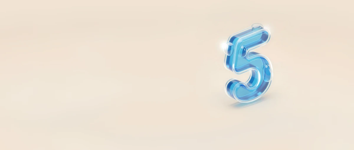 Blue 3D glass numeral 5 — landing pages and websites